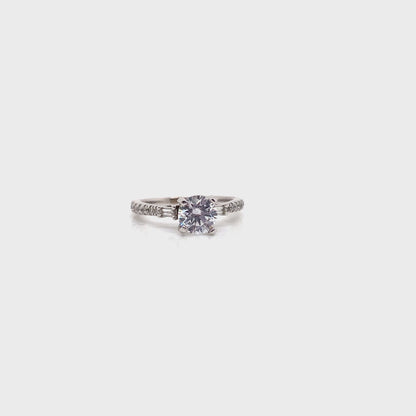 14K WHITE GOLD CZ CENTER (6.5MM RBC) .40 CT TW NATURAL BAGUETTE AND ROUND BRILLIANT DIAMOND ACCENT RING