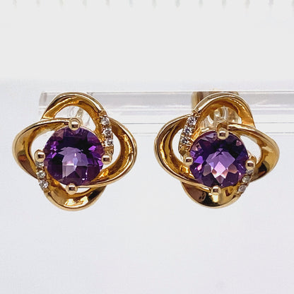 14K ROSE GOLD 2.60 CT TW AMETHYST CENTER 0.072 CT TW NATURAL DIAMOND ACCENT EARRINGS