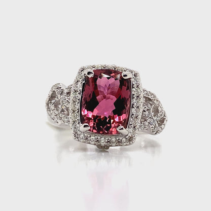 14K WHITE GOLD 2.84 CT PINK TOURMALINE CENTER 0.462 TW NATURAL DIAMOND ACCENT RING