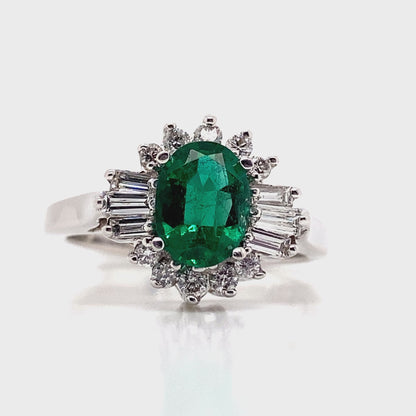 18K WHITE GOLD   1.03 CT NATURAL EMERALD CENTER    .22 CT TW NATURAL ROUND BRILLIANT 0.25 CT TW BAGUETTE DIAMOND ACCENT   RING