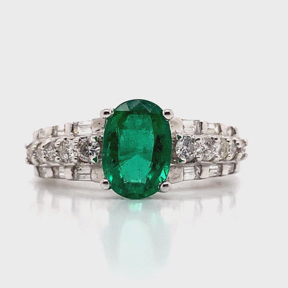 14K WHITE GOLD   1.44 CT NATURAL EMERALD CENTER    .36 CT TW NATURAL ROUND BRILLIANT   FASHION RING