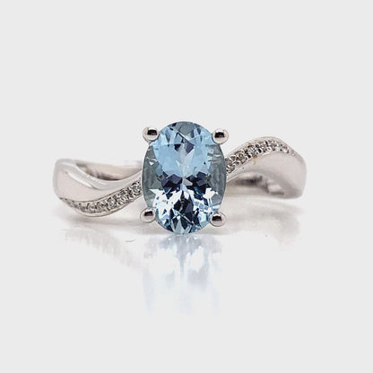 14K WHITE GOLD 1.16 CT AQUAMARINE CENTER 0.096 TW NATURAL DIAMOND ACCENT RING