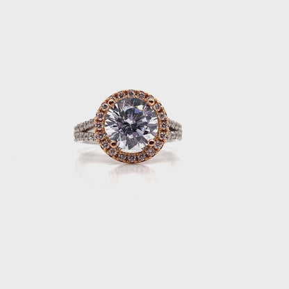 14K WHITE GOLDRING WITH ROSE GOLD HALO CZ CENTER (9MM RBC) 1.10 CT TW NATURAL ROUND BRILLIANT DIAMOND ACCENT RING