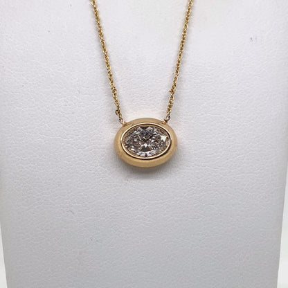 LAB GROWN OVAL DIAMOND NECKLACE 14K GOLD BEZEL SET 1.50CT