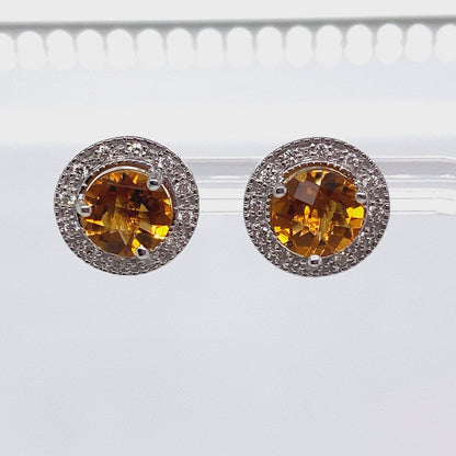 14K WHITE GOLD 2.40 CT TW CITRINE CENTER 0.192 CT TW NATURAL DIAMOND ACCENT EARRINGS