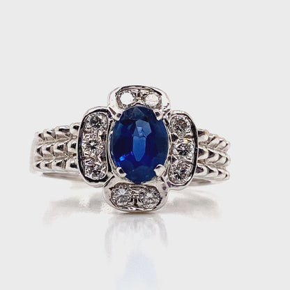 14K WHITE GOLD   1.19 CT NATURAL BLUE SAPPHIRE CENTER    .35 CT TW NATURAL ROUND BRILLIANT DIAMOND ACCENT   FASHION RING