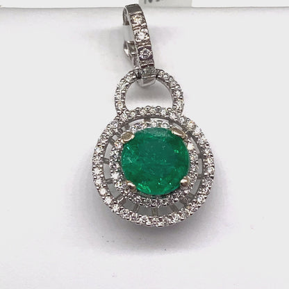 14K WHITE GOLD     1.34 CT NATURAL EMERALD CENTER    .35 CT TW ROUND BRILLIANT NATURAL DIAMOND ACCENT   PENDANT