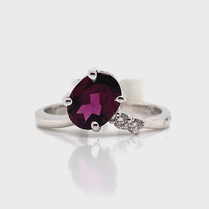 14K WHITE GOLD 1.55 CT RHODOLITE CENTER 0.062 TW NATURAL DIAMOND ACCENT RING