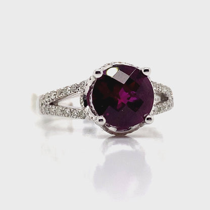 14K WHITE GOLD 2.70 CT RHODOLITE CENTER 0.44 TW NATURAL DIAMOND ACCENT RING