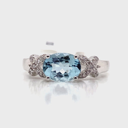 14K WHITE GOLD 1.16 CT AQUAMARINE CENTER 0.138 TW NATURAL DIAMOND ACCENT RING