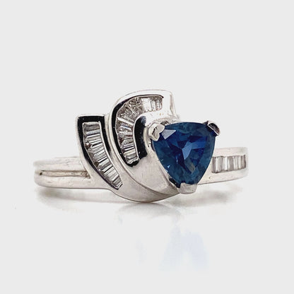 14K WHITE GOLD .99 CT NATURAL BLUE SAPPHIRE CENTER   .31 CT TW NATURAL BAGUETTE DIAMOND ACCENT  FASHION RING