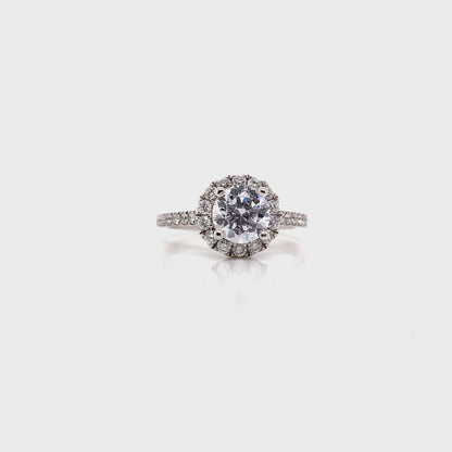 14K WHITE GOLD CZ CENTER (6 MM RBC) .45 CT TW NATURAL ROUND BRILLIANT DIAMOND ACCENT ROUND HALO STYLE RING