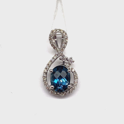 14K WHITE GOLD 1.55 CT LONDON BLUE TOPAZ CENTER 0.28 CT TW NATURAL DIAMOND ACCENT PENDANT