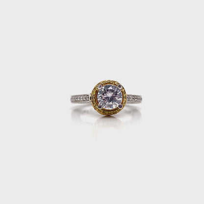 18K WHITE ROSE AND YELLOW GOLD CZ CENTER (6.5 MM RBC) .79CT TW NATURAL ROUND BRILLIANT DIAMOND ACCENT DESIGN RING