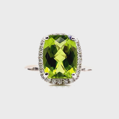 14K WHITE GOLD 3.74 CT PERIDOT AND 0.208 TW NATURAL DIAMOND ACCENT RING