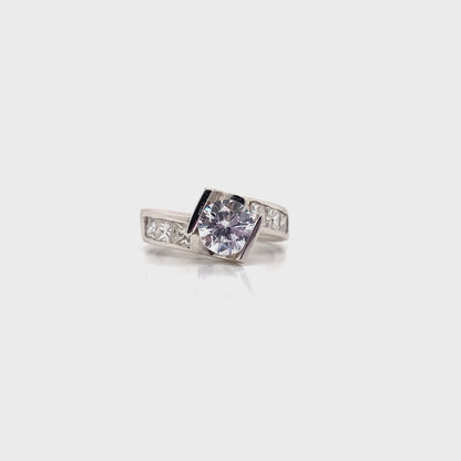 14K WHITE GOLD CZ CENTER (7MM RBC) .90 CT TW NATURAL PRINCESS DIAMOND ACCENT CHANNEL SET BYPASS STYLE RING