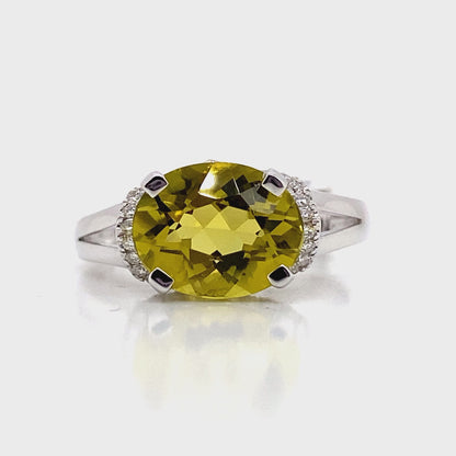 14K WHITE GOLD 2.85 CT LIME CITRINE CENTER 0.168 TW NATURAL DIAMOND ACCENT RING