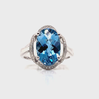 14K WHITE GOLD 3.85 CT LONDON BLUE TOPAZ CENTER 0.228 TW NATURAL DIAMOND ACCENT RING