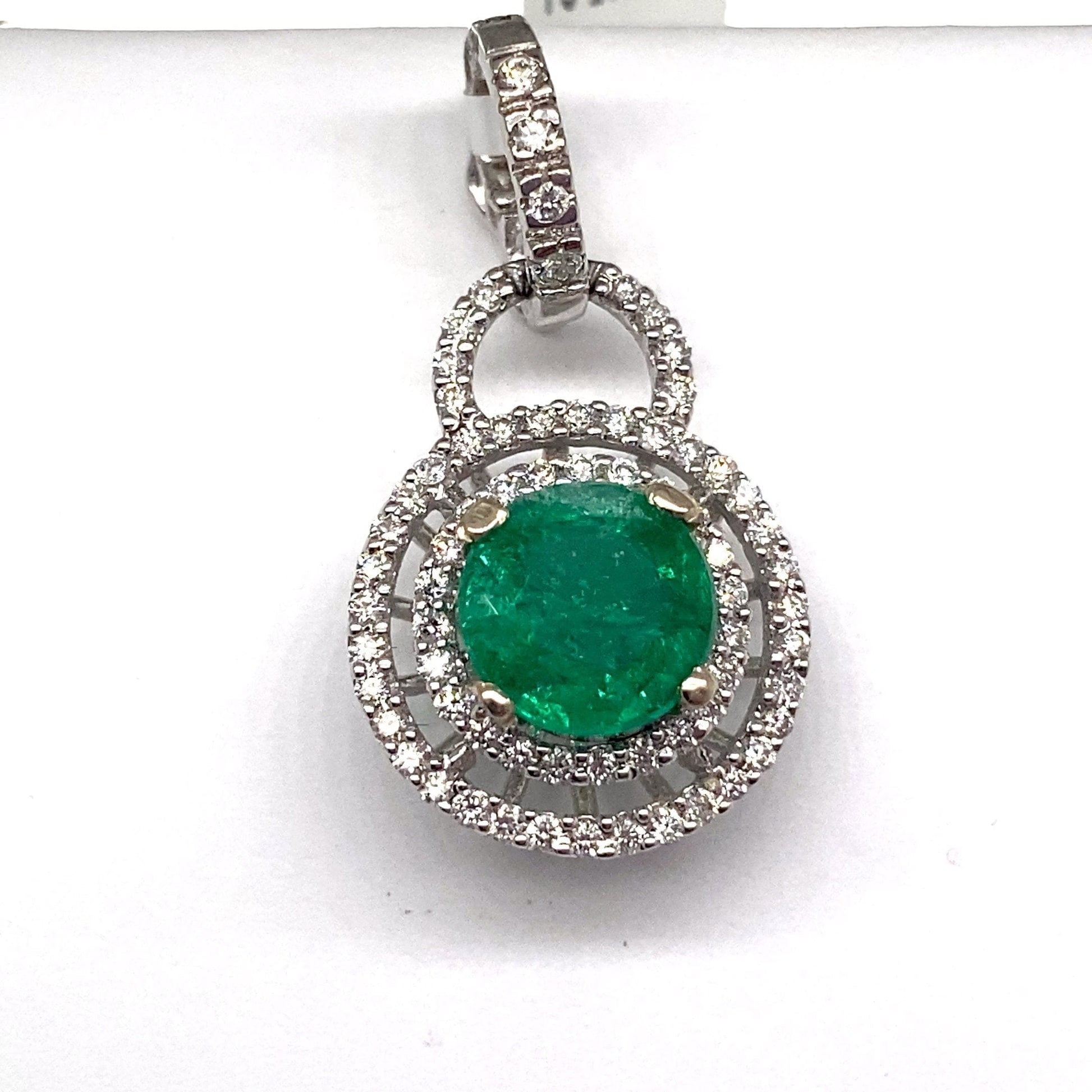 14K WHITE GOLD EMERALD PENDANT 1.34 ROUND BRILLIANT 0.35