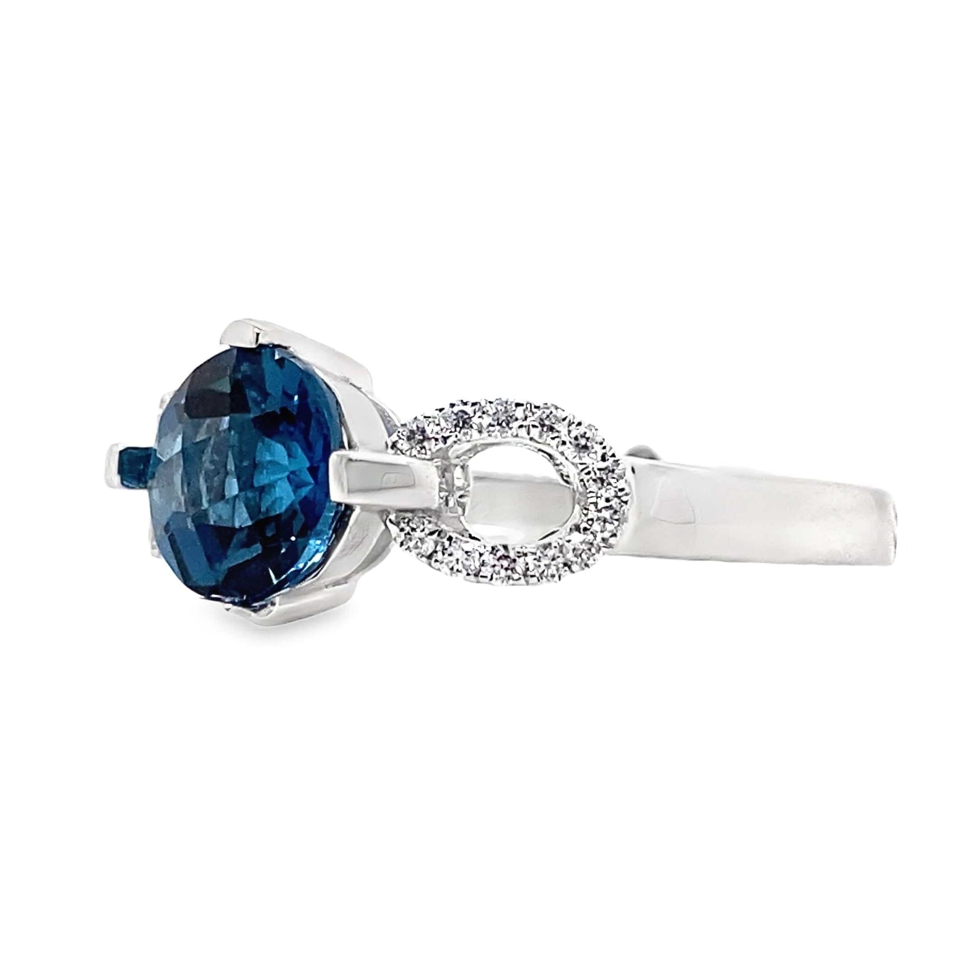 14K WHITE GOLD 1.85 CT LONDON BLUE TOPAZ CENTER 0.14 TW NATURAL DIAMOND ACCENT RING