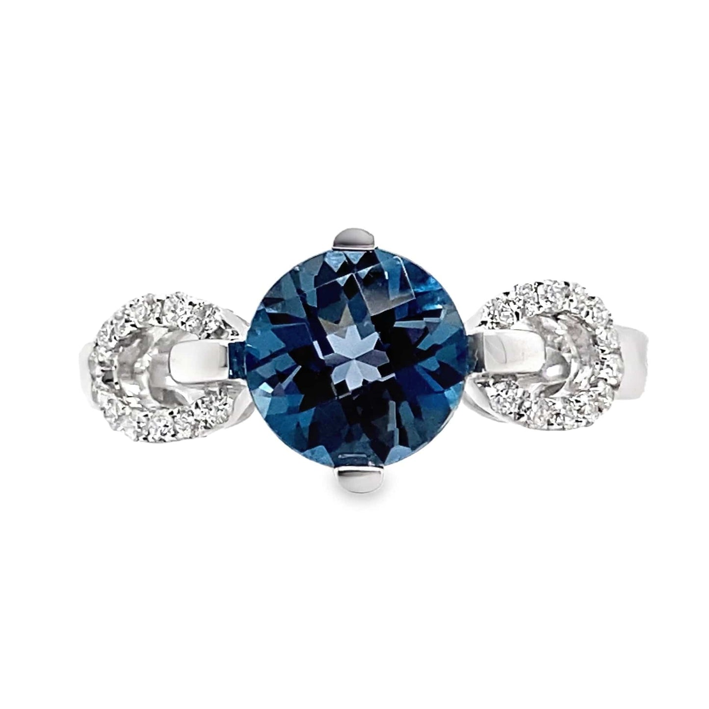 14K WHITE GOLD 1.85 CT LONDON BLUE TOPAZ CENTER 0.14 TW NATURAL DIAMOND ACCENT RING