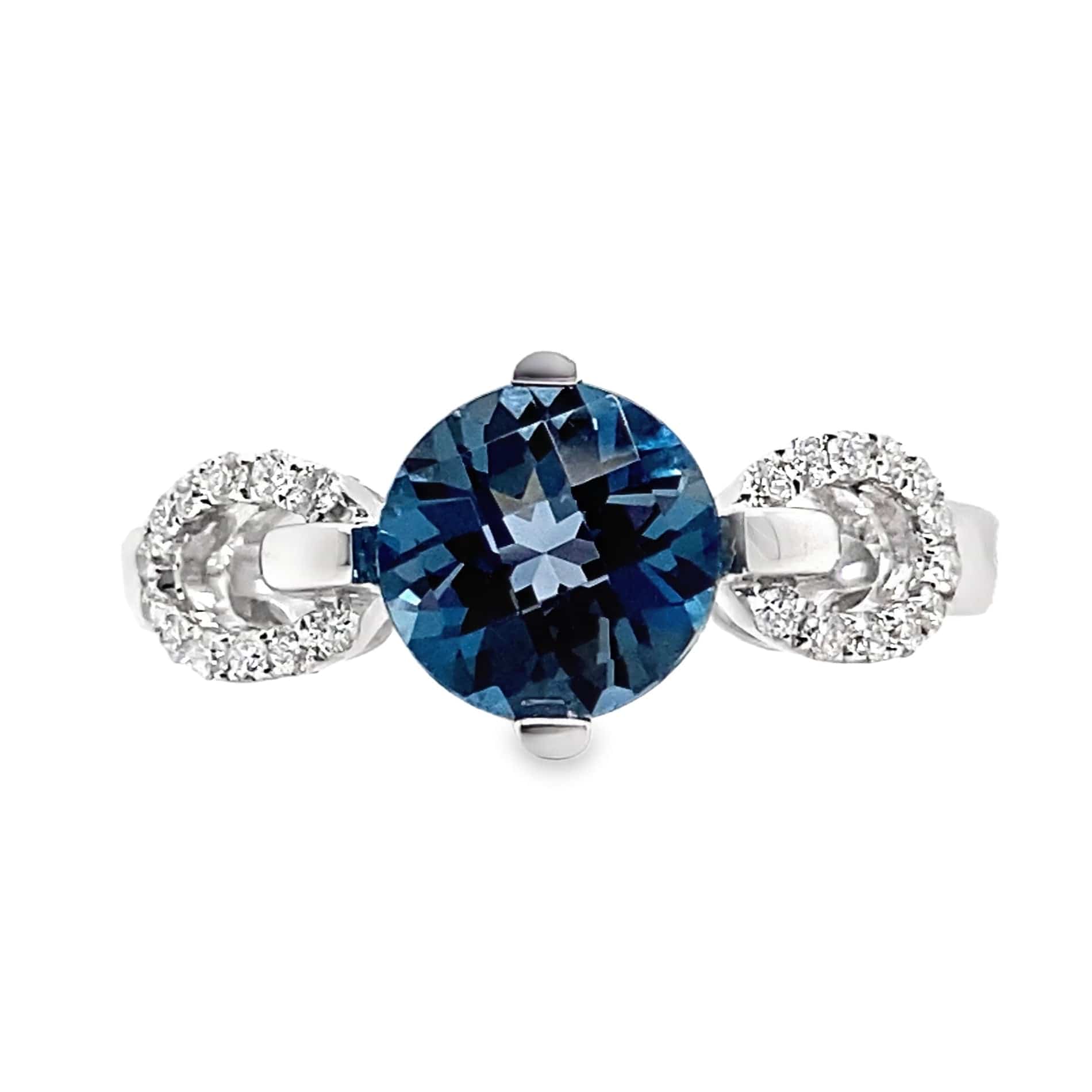 14K WHITE GOLD 1.85 CT LONDON BLUE TOPAZ CENTER 0.14 TW NATURAL DIAMOND ACCENT RING