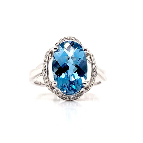 14K WHITE GOLD 3.85 CT LONDON BLUE TOPAZ CENTER 0.228 TW NATURAL DIAMOND ACCENT RING