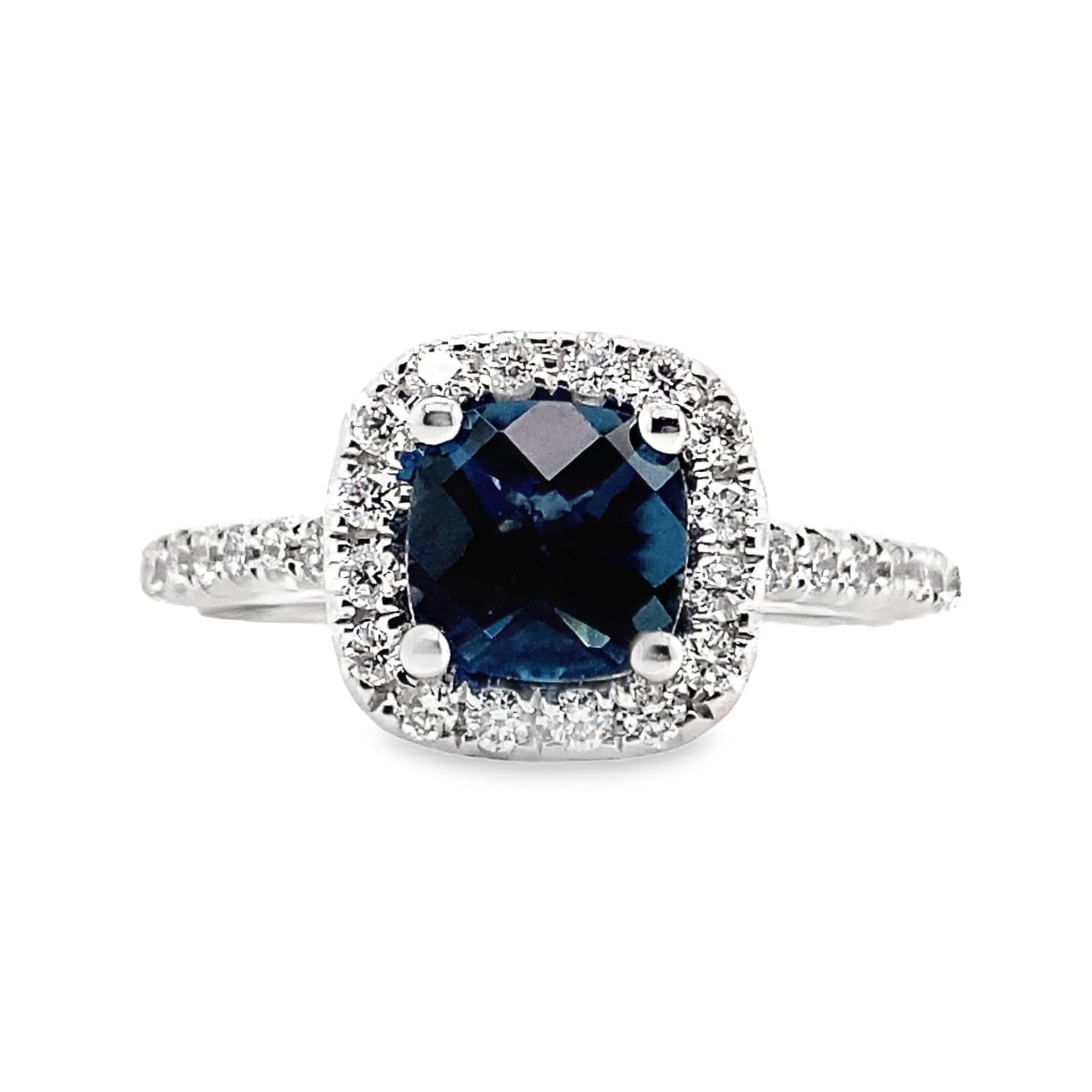 14K WHITE GOLD 1.30 CT LONDON BLUE TOPAZ CENTER 0.396 TW NATURAL DIAMOND ACCENT RING