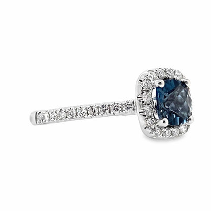 14K WHITE GOLD 1.30 CT LONDON BLUE TOPAZ CENTER 0.396 TW NATURAL DIAMOND ACCENT RING