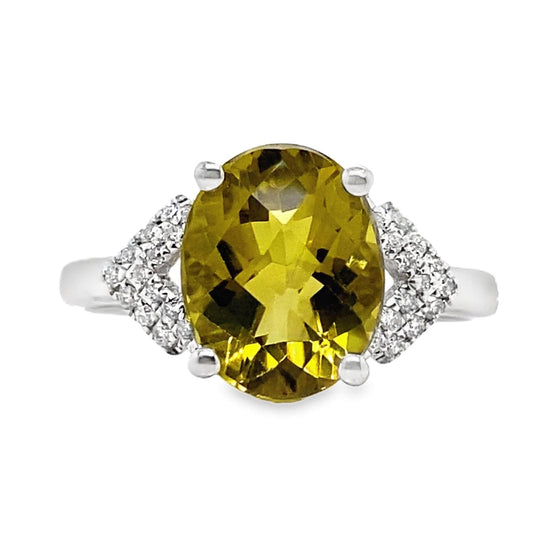 14K WHITE GOLD 2.90 CT LIME CITRINE CENTER 0.168 TW NATURAL DIAMOND ACCENT RING