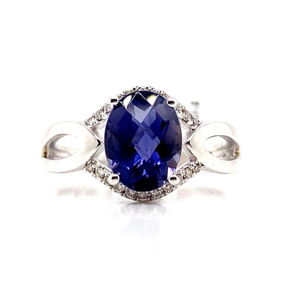 14K WHITE GOLD 1.85 CT IOLITE CENTER 0.132 TW NATURAL DIAMOND ACCENT RING