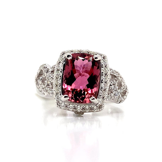 14K WHITE GOLD 2.84 CT PINK TOURMALINE CENTER 0.462 TW NATURAL DIAMOND ACCENT RING
