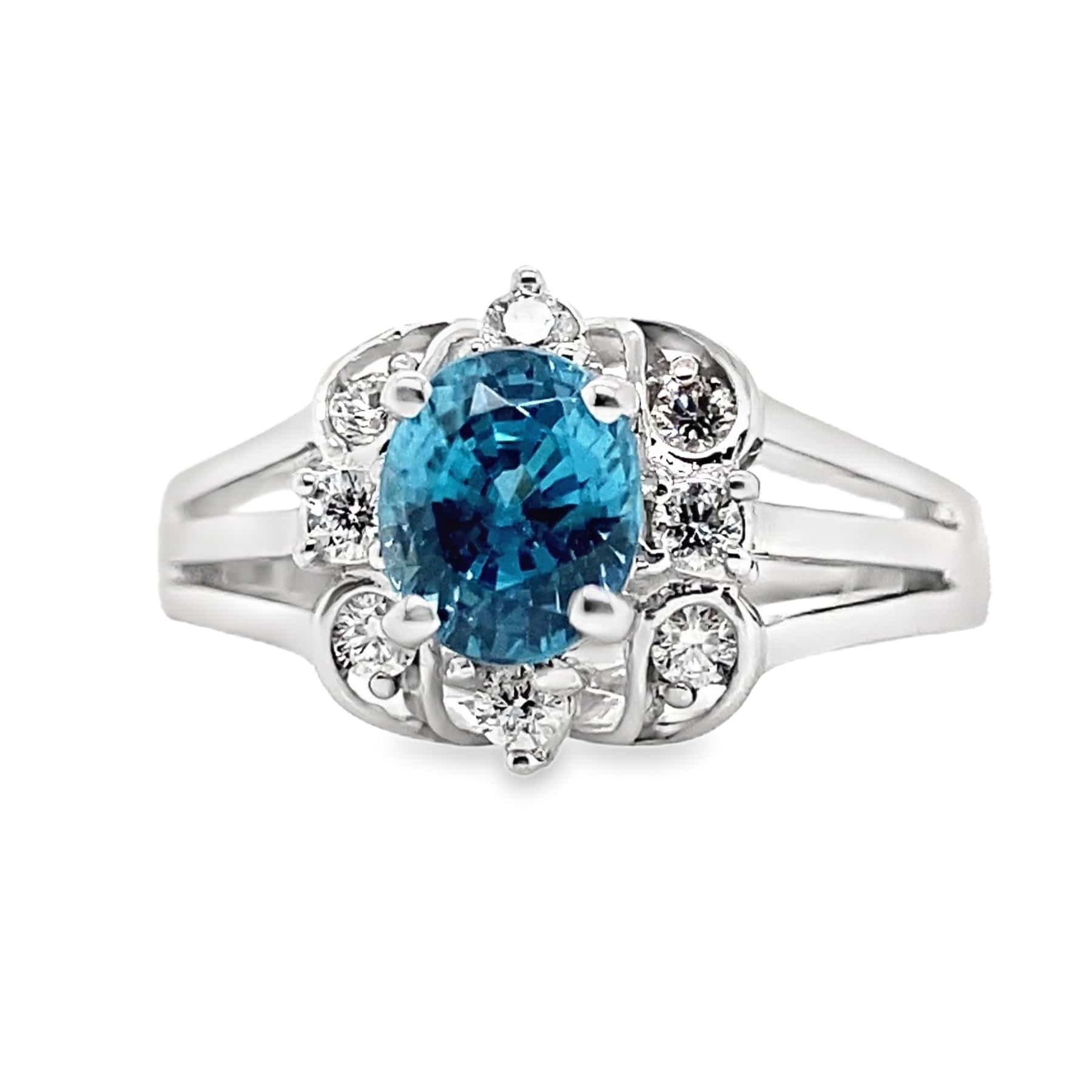 14K WHITE GOLD 1.70 CT BLUE ZIRCON CENTER 0.208 TW NATURAL DIAMOND ACCENT RING
