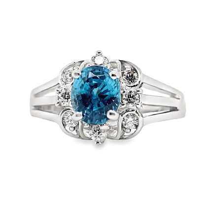 14K WHITE GOLD 1.70 CT BLUE ZIRCON CENTER 0.208 TW NATURAL DIAMOND ACCENT RING