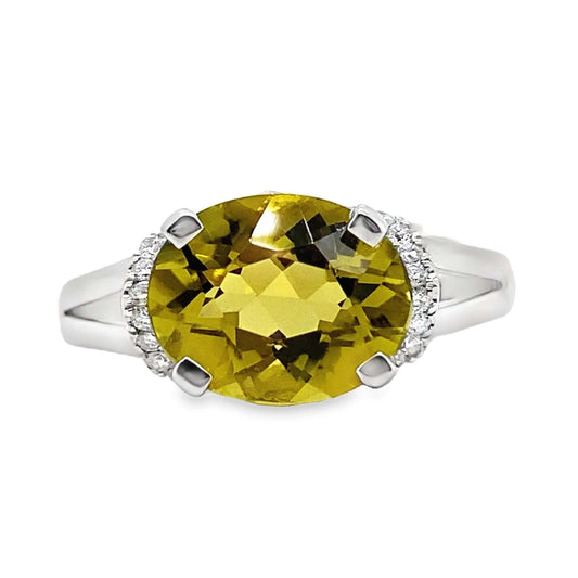 14K WHITE GOLD 2.85 CT LIME CITRINE CENTER 0.168 TW NATURAL DIAMOND ACCENT RING