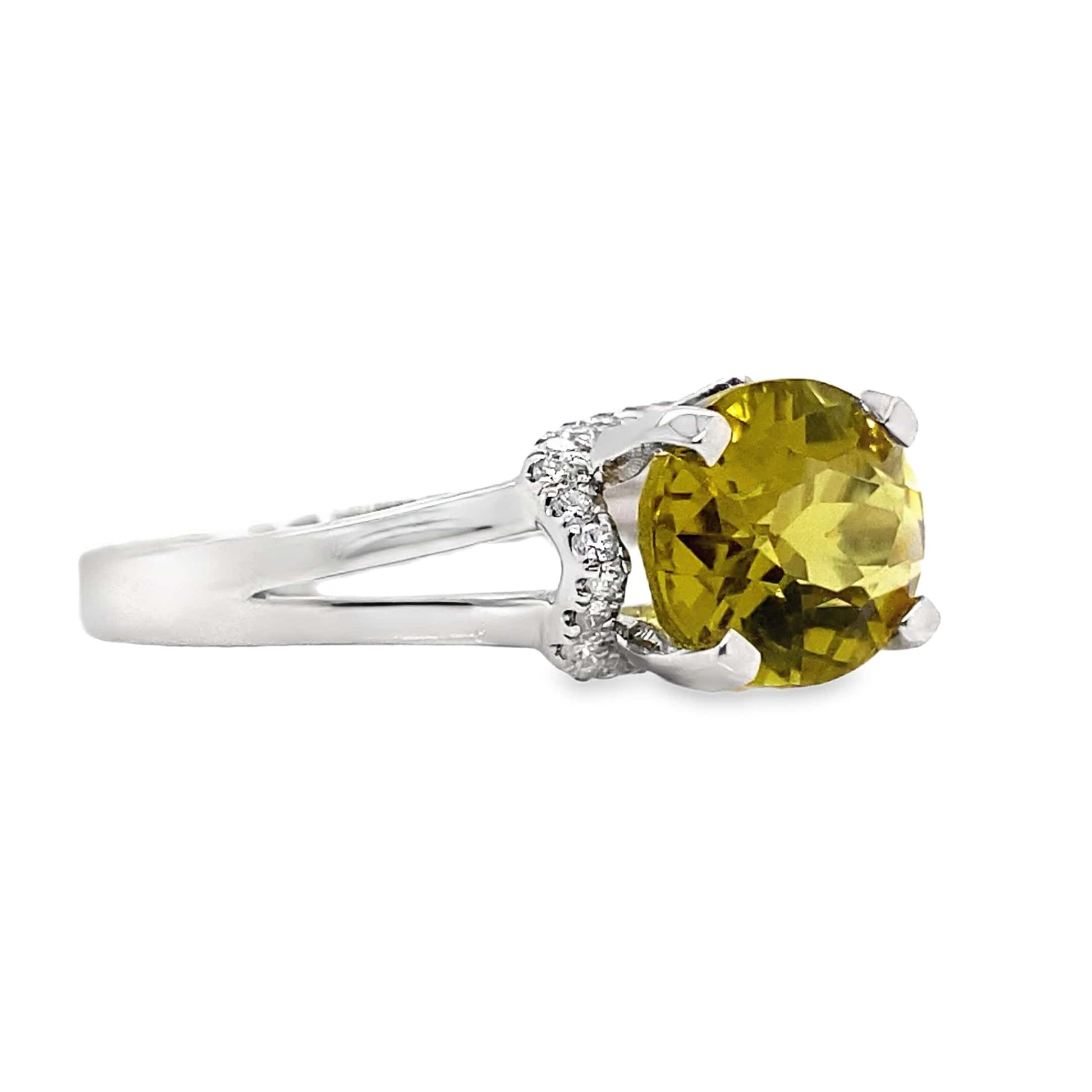 14K WHITE GOLD 2.85 CT LIME CITRINE CENTER 0.168 TW NATURAL DIAMOND ACCENT RING