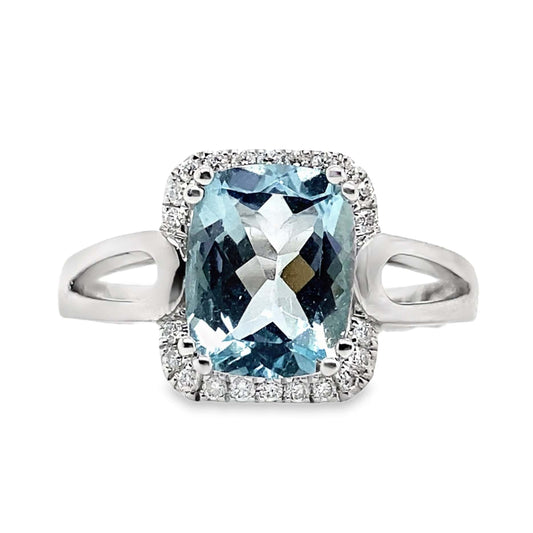 14K WHITE GOLD 2.15 CT AQUAMARINE CENTER 0.132 TW NATURAL DIAMOND ACCENT RING