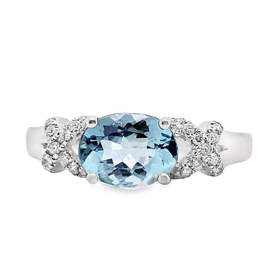 14K WHITE GOLD 1.16 CT AQUAMARINE CENTER 0.138 TW NATURAL DIAMOND ACCENT RING