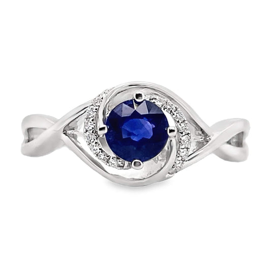 14K WHITE GOLD 0.63 CT SAPPHIRE CENTER 0.084 TW NATURAL DIAMOND ACCENT RING