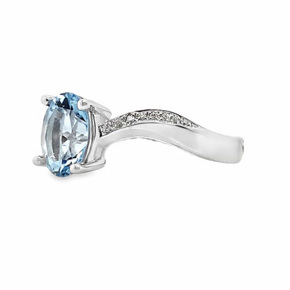 14K WHITE GOLD 1.16 CT AQUAMARINE CENTER 0.096 TW NATURAL DIAMOND ACCENT RING