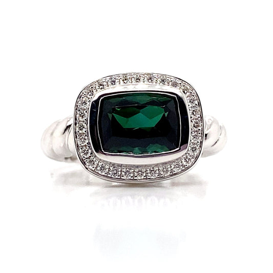 14K WHITE GOLD 2.35 CT GREEN TOURMALINE CENTER 0.224 TW NATURAL DIAMOND ACCENT RING