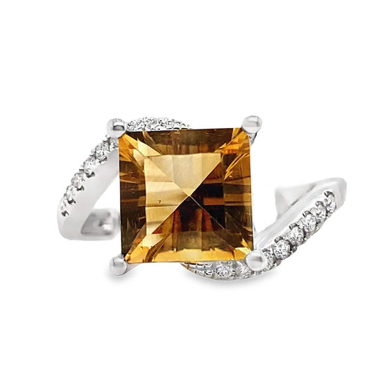 14K WHITE GOLD 2.85 CT CITRINE CENTER 0.132 TW NATURAL DIAMOND ACCENT RING