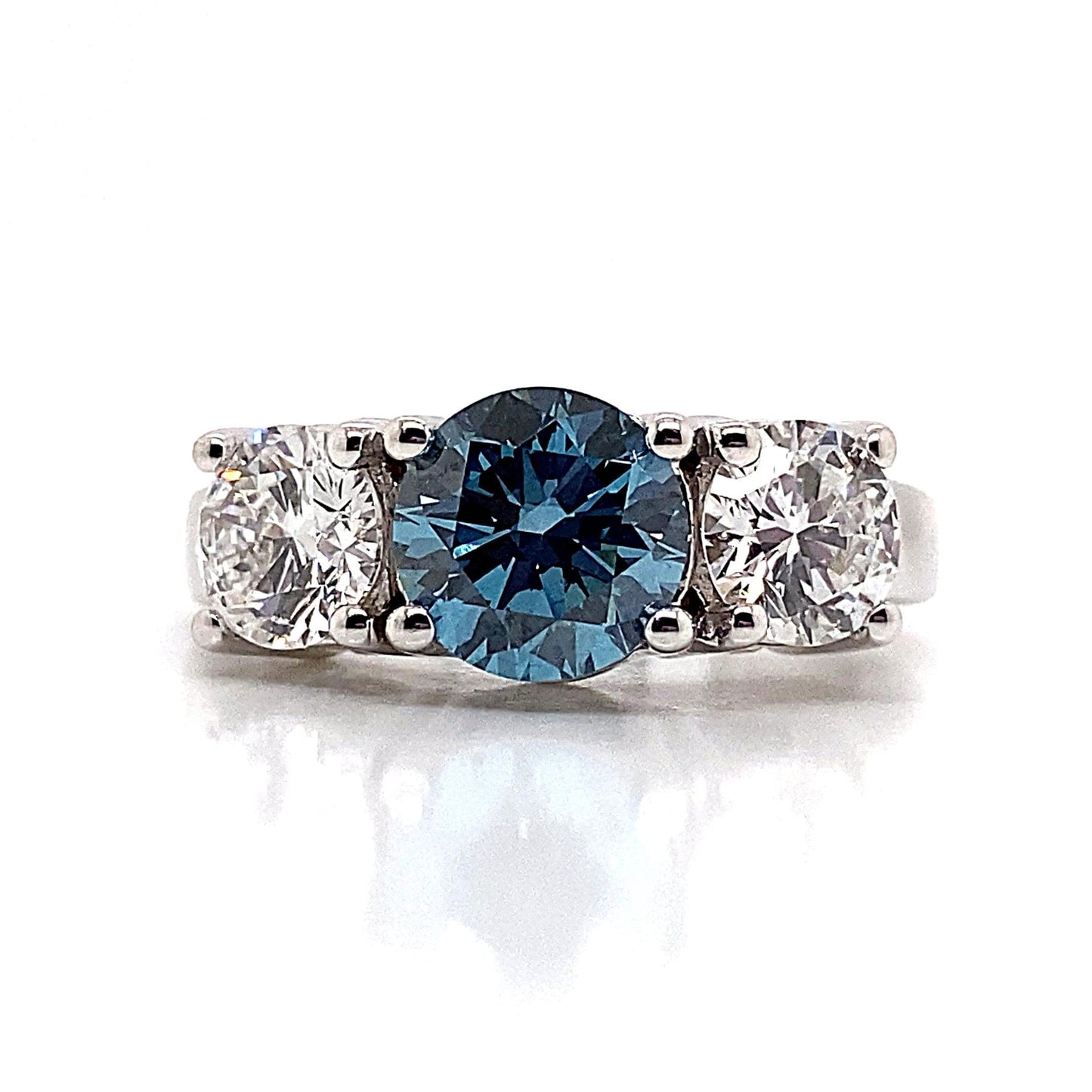 14K WHITE GOLD 3 CT WHITE AND BLUE LAB GROWN DIAMOND 3-STONE RING