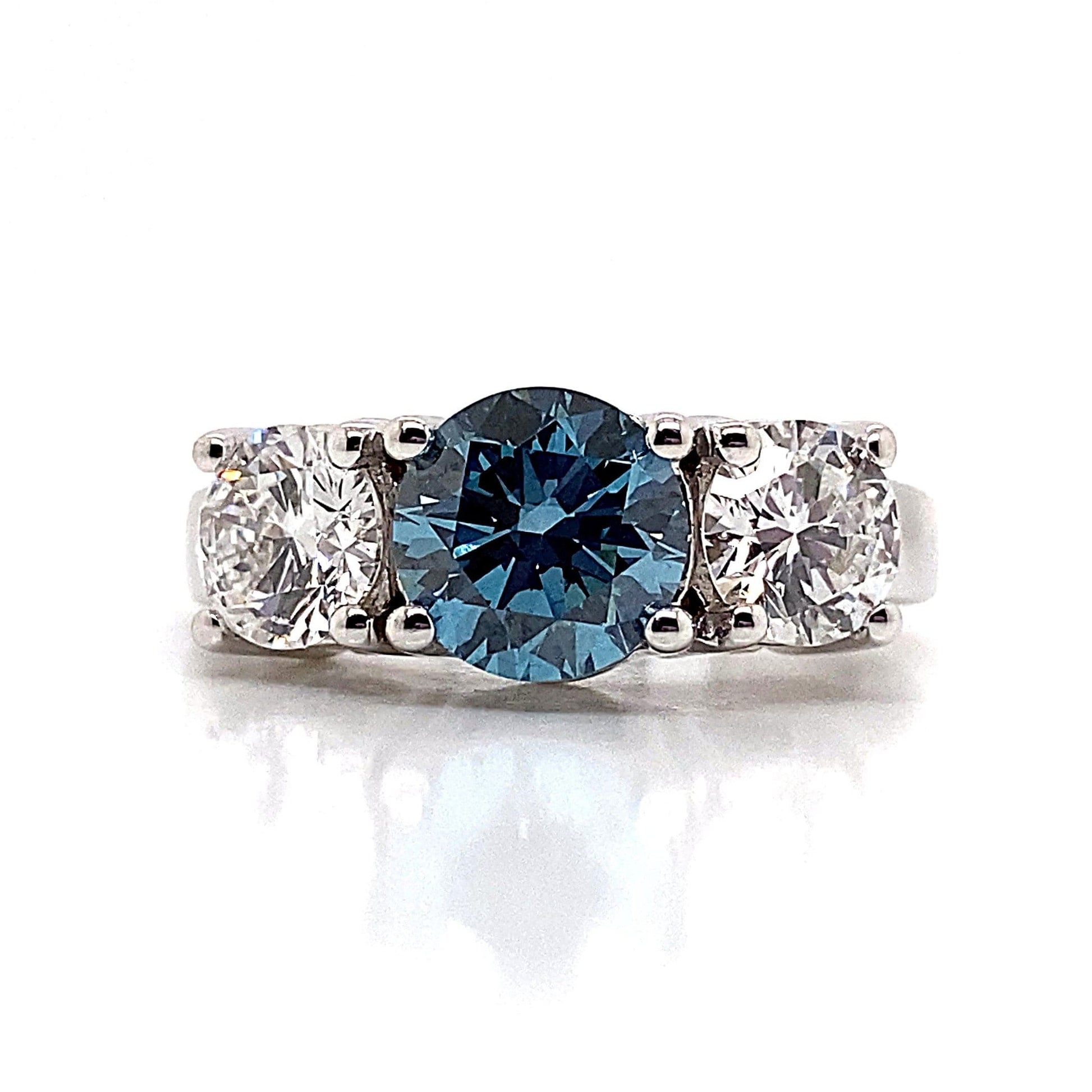 14K WHITE GOLD 3 CT WHITE AND BLUE LAB GROWN DIAMOND 3-STONE RING