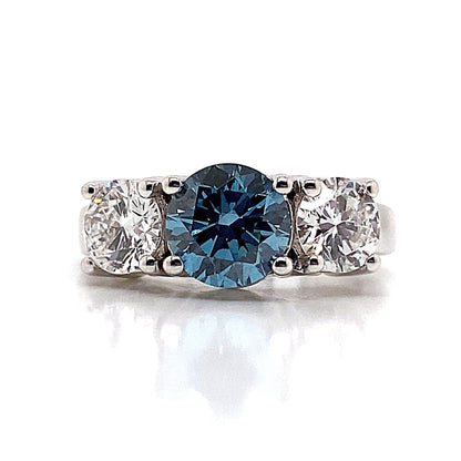 14K WHITE GOLD 3 CT WHITE AND BLUE LAB GROWN DIAMOND 3-STONE RING