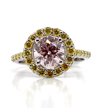 14K WHITE GOLD 2.15 CT TW CENTER PINK LAB GROWN DIAMOND RING W/YELLOW ACCENT DIAMONDS