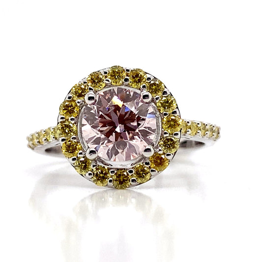 14K WHITE GOLD 2.15 CT TW CENTER PINK LAB GROWN DIAMOND RING W/YELLOW ACCENT DIAMONDS