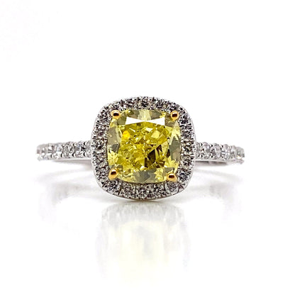 14K WHITE GOLD 1.50 CT TW LAB GROWN YELLOW DIAMOND CUSHION CUT CENTER  .55CT DIAMOND ACCENT HALO STYLE RING