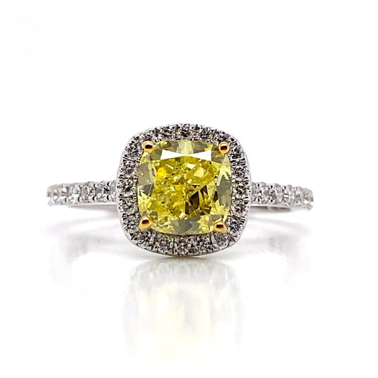 14K WHITE GOLD 1.50 CT TW LAB GROWN YELLOW DIAMOND CUSHION CUT CENTER  .55CT DIAMOND ACCENT HALO STYLE RING