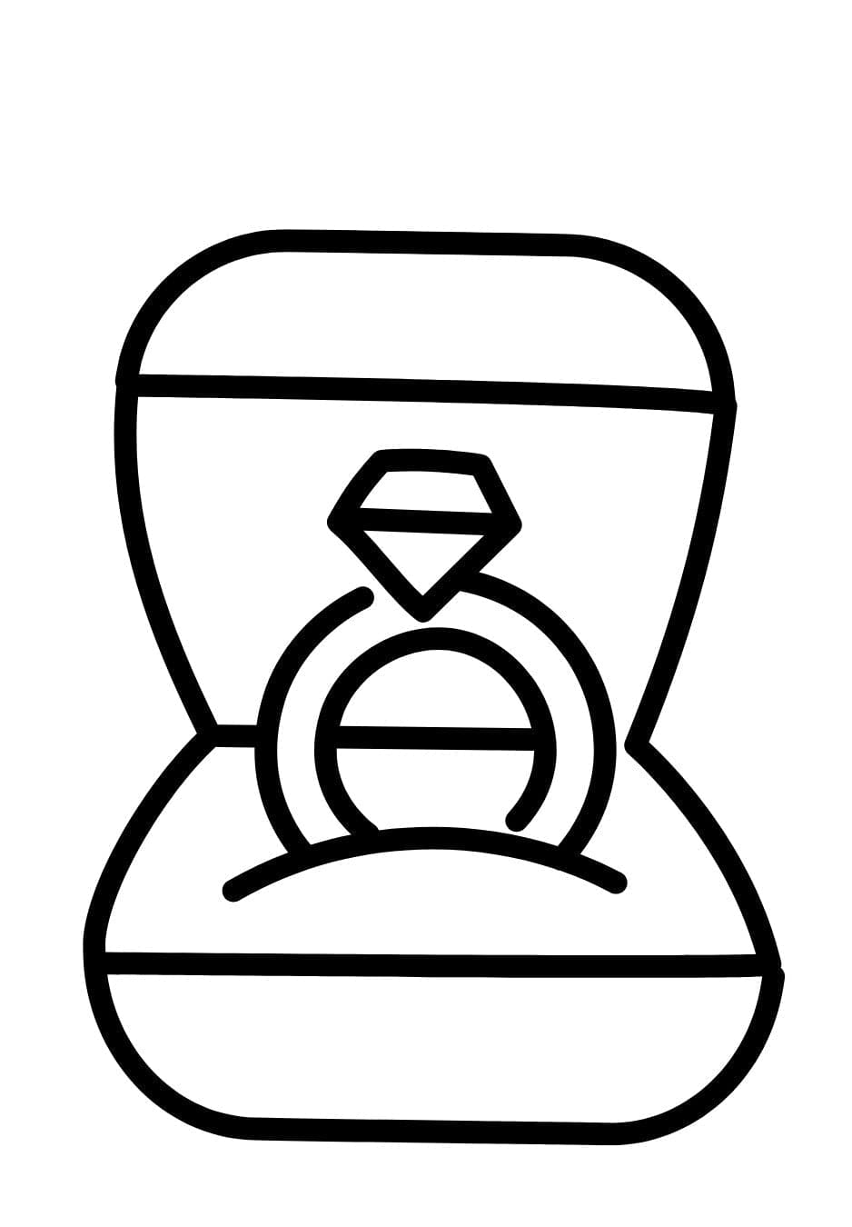 Line drawing of a diamond ring in an open box on a white background